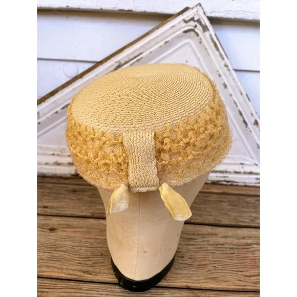 Vintage 1950s Yellow Straw Pill Box Hat Rhinestones MOD - Picture 13 of 15